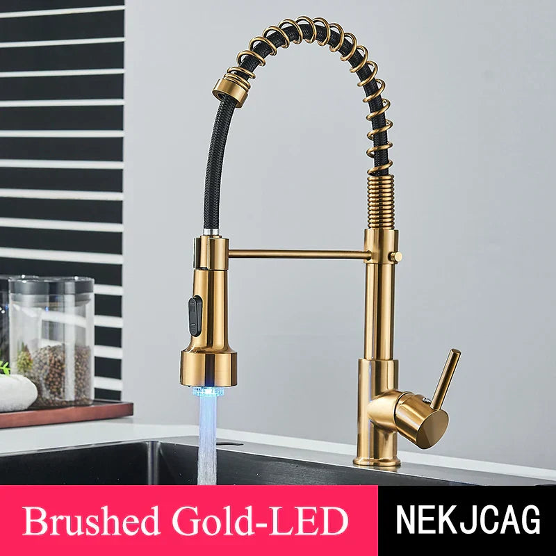 DecorBites™ Brushed Gold LED Kitchen Faucet: Single Handle Pull-down Spring Sink Tap