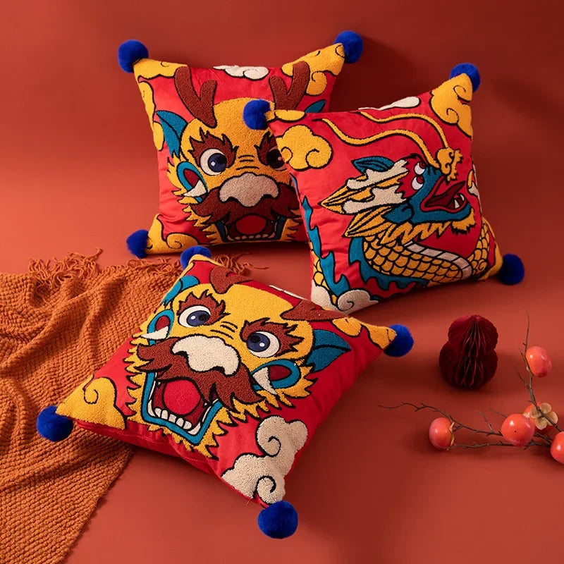 DecorBites™ Chinese Dragon Embroidered Cushion Cover: Festive New Year Home Decor Pillow Case