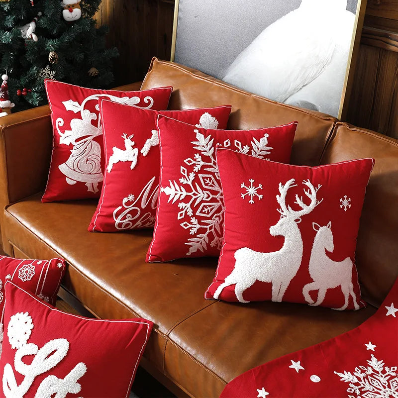 DecorBites™ Christmas Embroidered Cotton Canvas Pillow Covers Snowflake Elk Decor