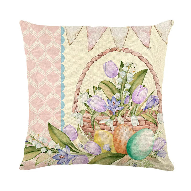 DecorBites™ Easter Bunny Rabbit Linen Cushion Cover 45x45cm - Flower Print Festival Pillowcase