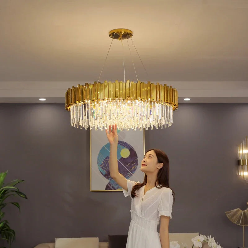 DecorBites™ Golden Stainless Steel Crystal Chandelier: Modern Round LED Light for Dining Room