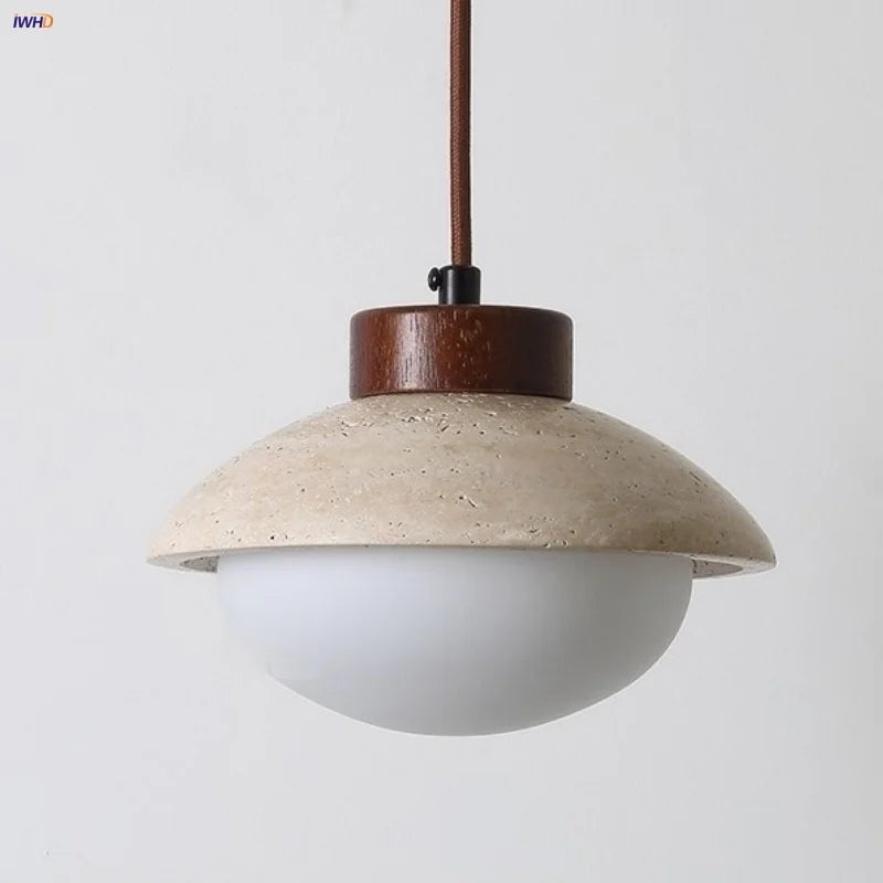 DecorBites™ LED Pendant Light: Japanese Style, Yellow Travertine Wood, Adjustable Hanging Lamp