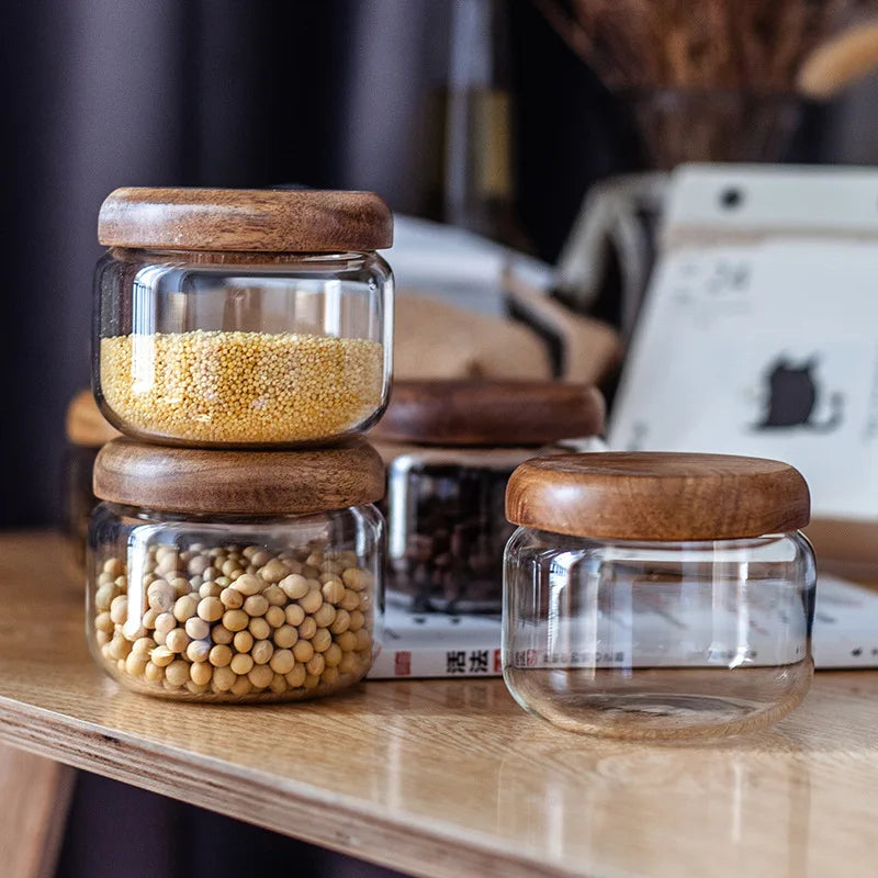 DecorBites™ Acacia Wood Lid Clear Glass Storage Jar 300ml Dry Food Snacks Candy Spice Jar