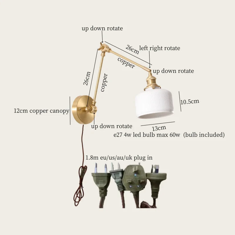 DecorBites™ Ceramic LED Wall Lamp, Pull Chain Switch, Nordic Copper, Small Size