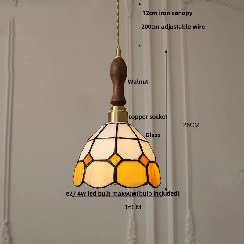 DecorBites™ LED Adjustable Pendant Light Fixture Amber Glass Walnut Wood Bar Hanging Lamp