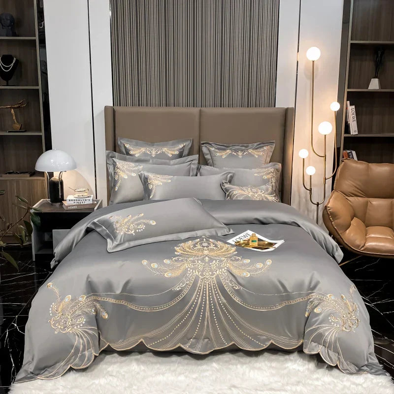 DecorBites™ Gold Feather Embroidery Egyptian Cotton Patchwork Bedding Set