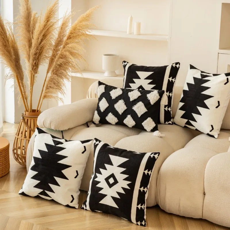 DecorBites™ Geometric Embroidered Cushion Cover - Modern Black & White Pillowcase for Home Sofa