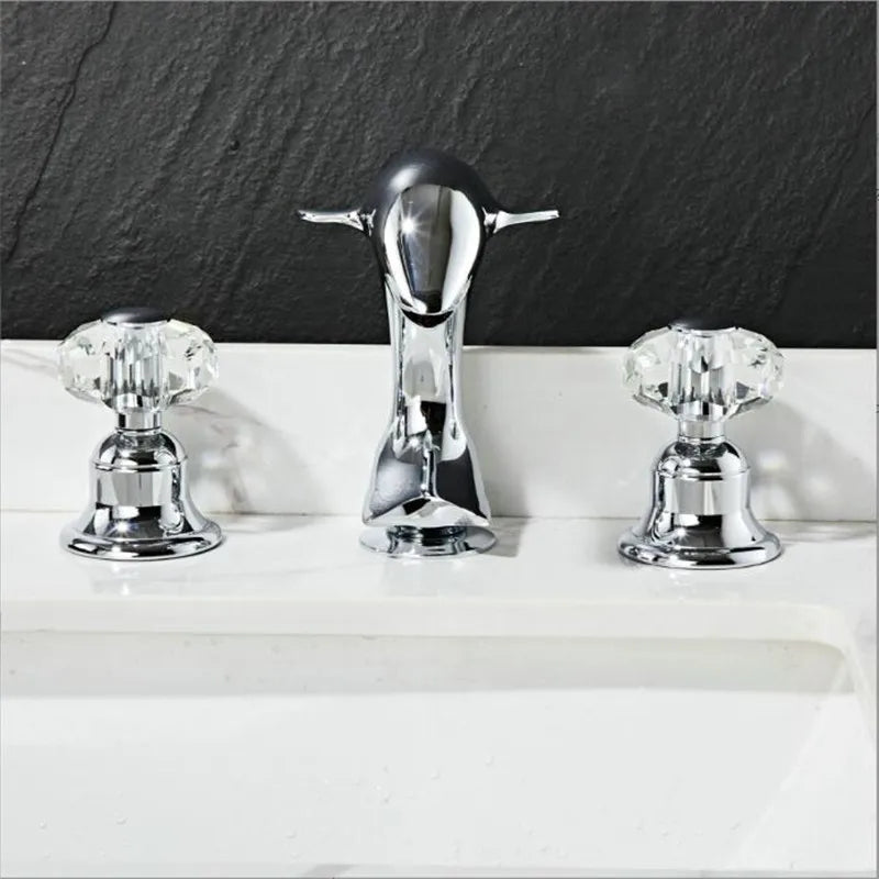 DecorBites™ Gold Basin Faucet: Brass Nickel Dolphin Bathroom Sink Faucet, 3 Hole Widespread
