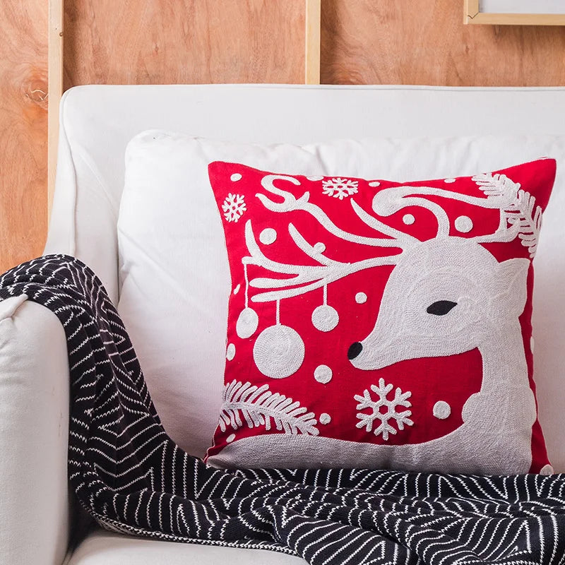 DecorBites™ Christmas Embroidered Cushion Cover Snowman Deer Santa Bell Snowflake Pillowcase