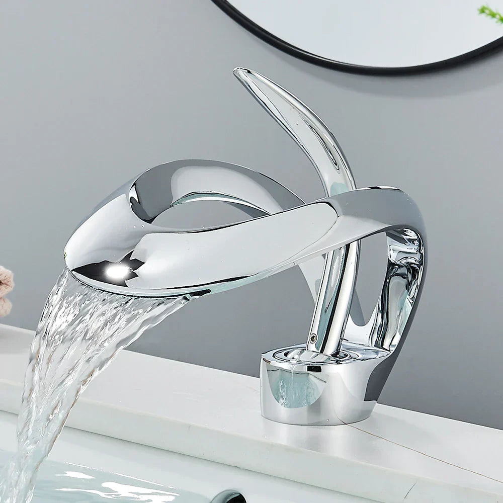 DecorBites™ Black Basin Faucet Grey Waterfall Mixer Tap Hot Cold Modern Brass Deck Mount