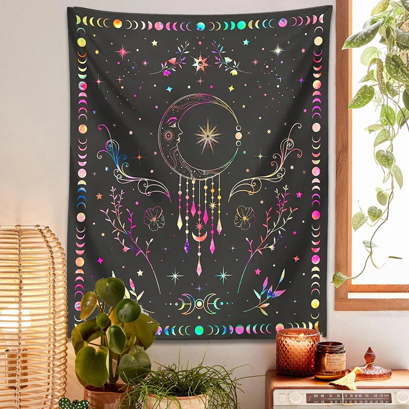 DecorBites™ Celestial Moon Phase Tapestry with Floral Accents