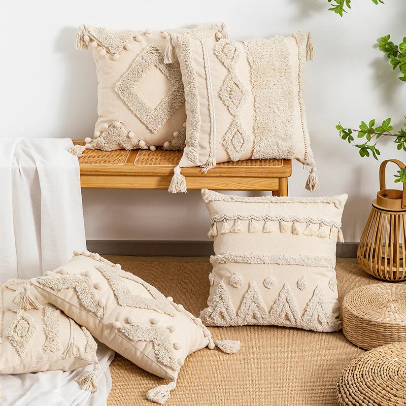 DecorBites™ Beige Wabi-sabi Tufted Fringed Geometric Tassel Cotton Linen Pillow Cover