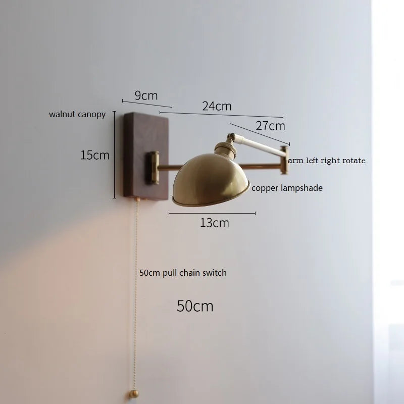 DecorBites™ Copper Arm LED Wall Sconce Switch Light, Adjustable Lampshade, Pull Chain, Beside Lamp