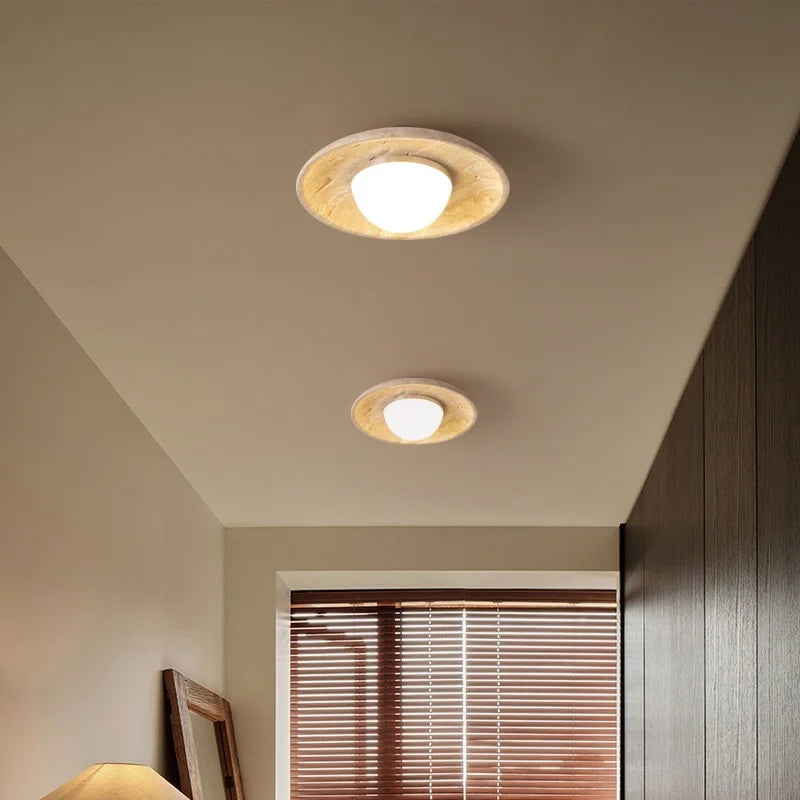 DecorBites™ Acrylic LED Ceiling Lamp Yellow Travertine Wood Canopy Wabi Sabi Style