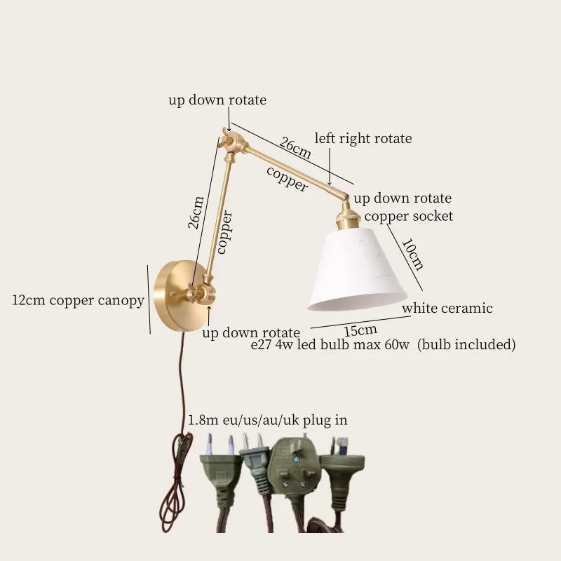 DecorBites™ Ceramic LED Wall Lamp, Pull Chain Switch, Nordic Copper, Small Size