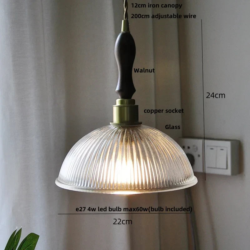 DecorBites™ Amber Glass LED Pendant Lamp Walnut Wood Copper Hanging Light