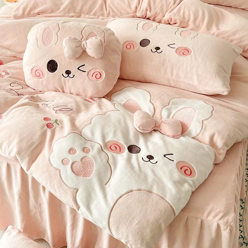 DecorBites™ Cartoon Rabbit Applique Embroidery Bedding Set with Velvet Fleece for Cozy Comfort