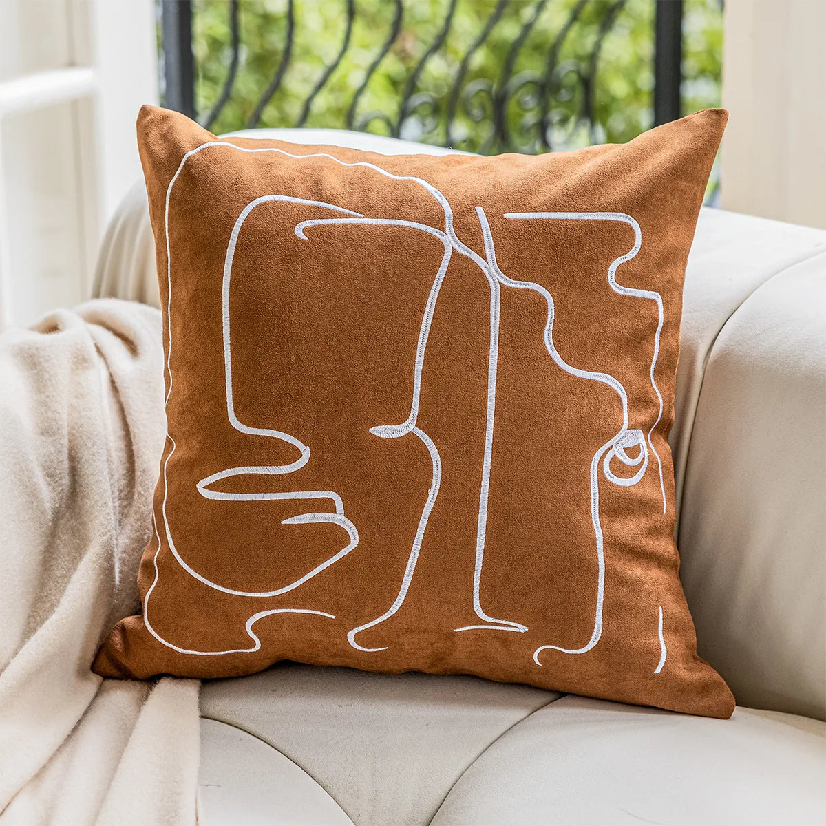 DecorBites™ Brown Geometric Embroidery Plush Cushion Cover, Nordic Luxury Home Decor Pillow Case