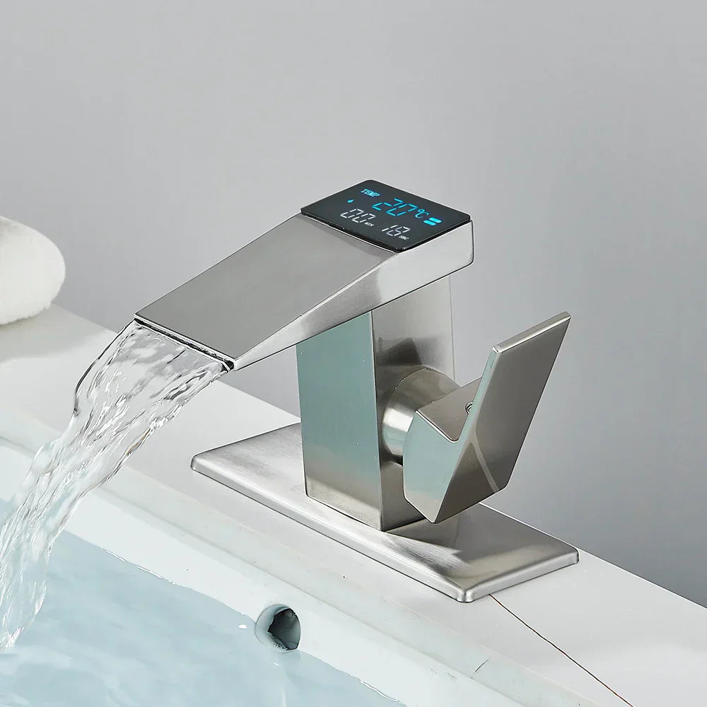 DecorBites™ Brass Waterfall Bathroom Faucet Basin Taps with Temperature Display