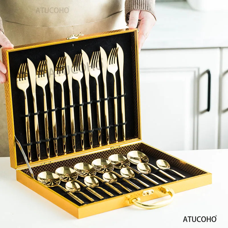DecorBites™ 24-Piece Gold Stainless Steel Cutlery Set - Elegant Tableware Gift Box