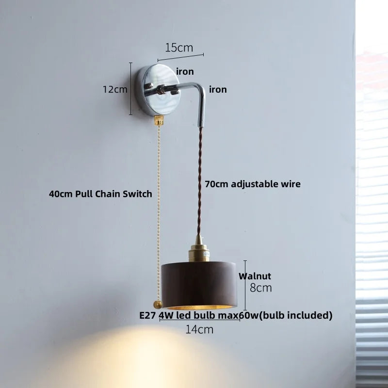 DecorBites™ Ash Wood LED Wall Light with Pull Chain Switch, Japanese Style Bedside Lamp