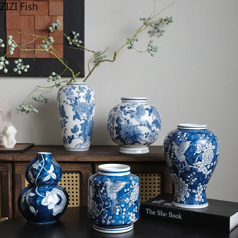 DecorBites™ Blue Porcelain Vase: Flowers and Birds Pattern Table Decor Floral Vases Room Aesthetic