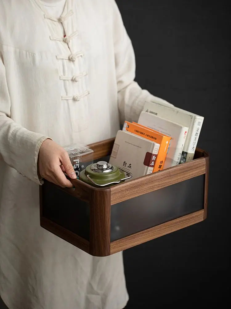 DecorBites™ Black Walnut Wood Desktop Organizer Box - Multi-functional Office & Makeup Case