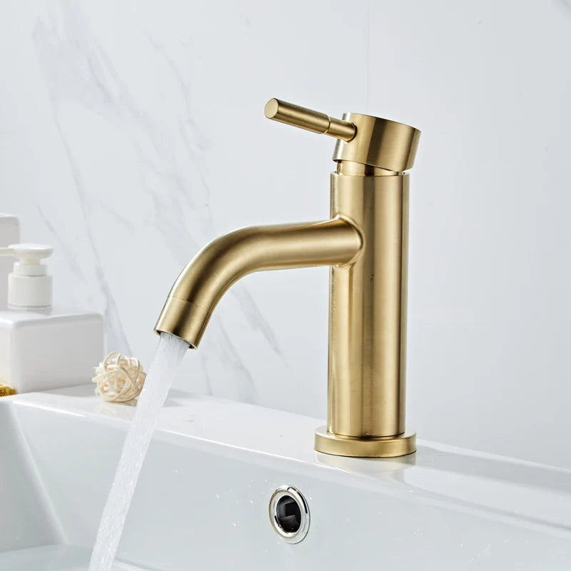 DecorBites™ Brushed Gold Basin Faucet: Solid Brass, Cold Hot Water Mixer, Single Handle