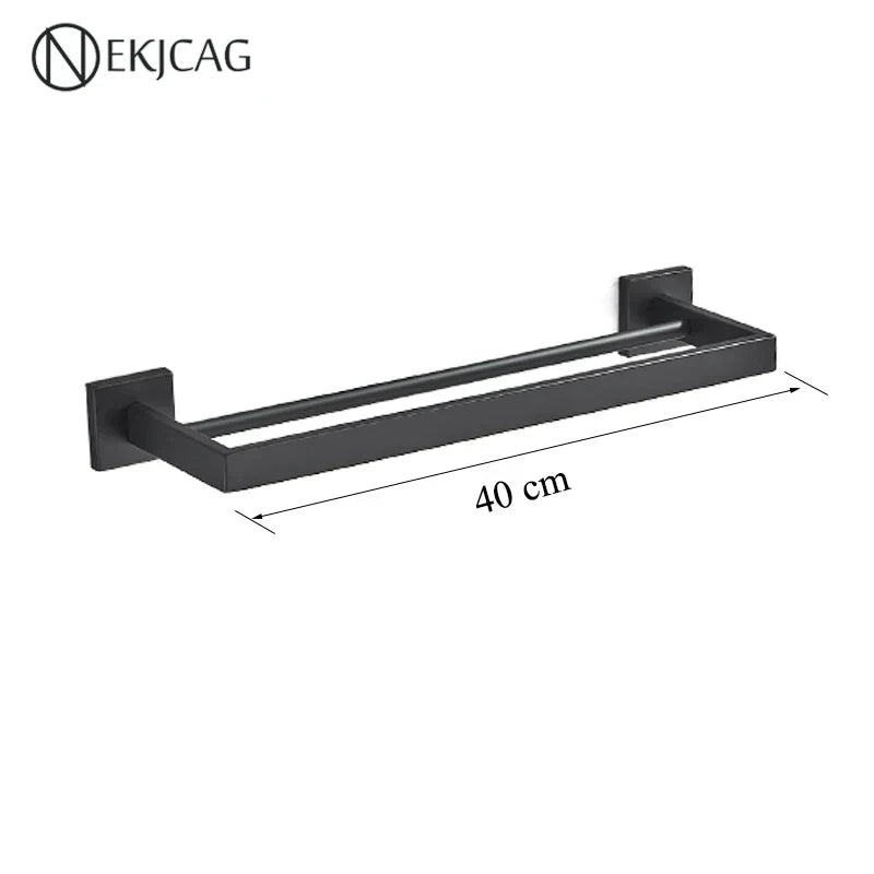 DecorBites™ Black Bathroom Set: Towel Holder, Paper Holder, Gold Rod, Robe Hook - Stainless Steel Accessories