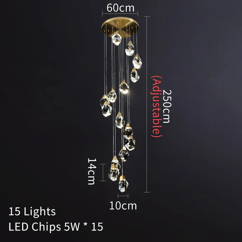 DecorBites™ Crystal Chandelier Staircase Pendant Lamp LED Lighting Fixture for Living Room