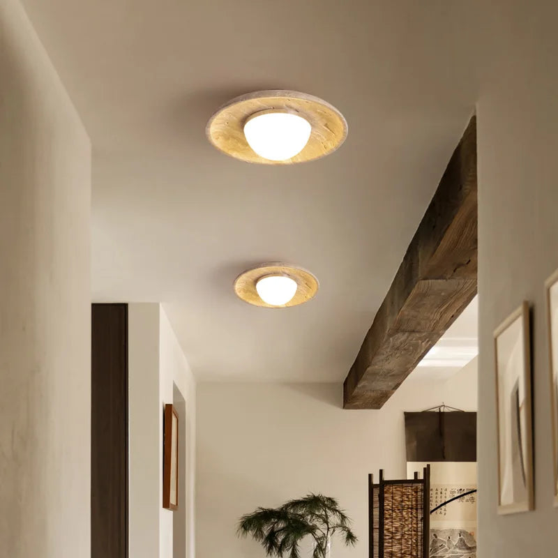 DecorBites™ Acrylic LED Ceiling Lamp Yellow Travertine Wood Canopy Wabi Sabi Style