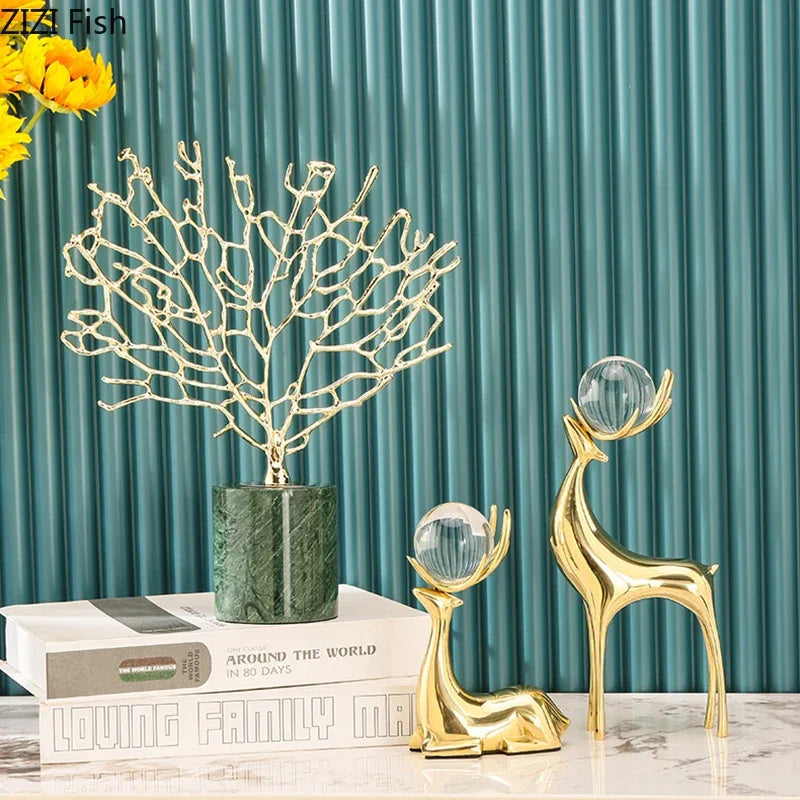 DecorBites™ Golden Deer Crystal Ball Antler Sculpture - Room Decor