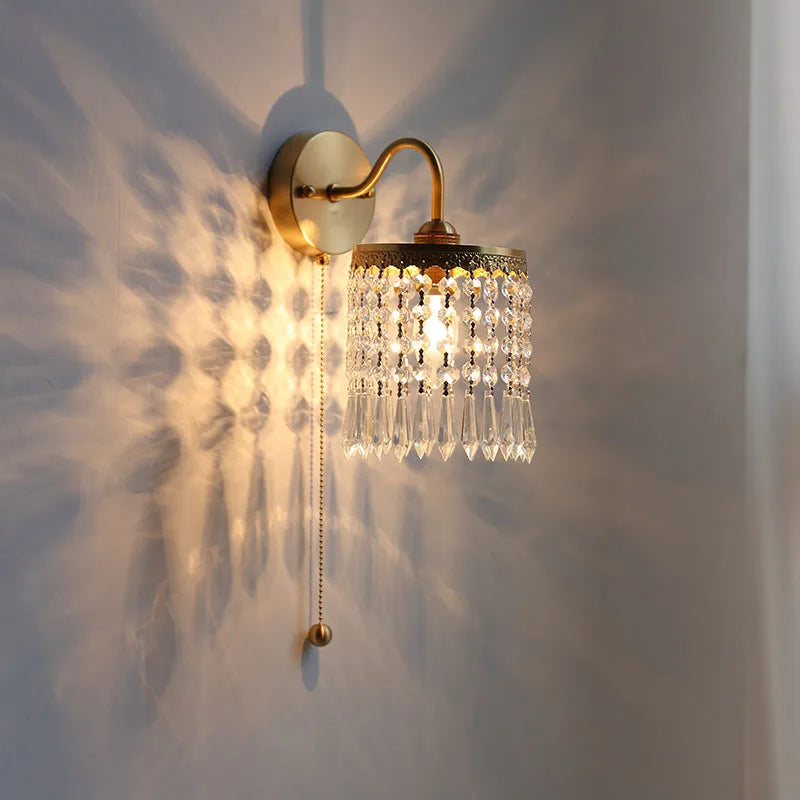 DecorBites™ Crystal LED Wall Sconce Pull Chain Switch Brass Mirror Light