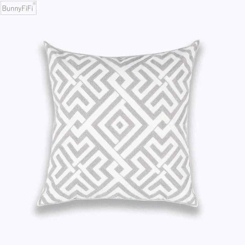 DecorBites™ Geometric Embroidered Cushion Cover Light Grey Cotton 45x45cm