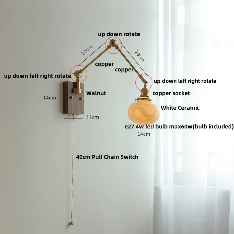 DecorBites™ Ceramic Ball Brass Walnut Wood Wall Light with Pull Chain Switch