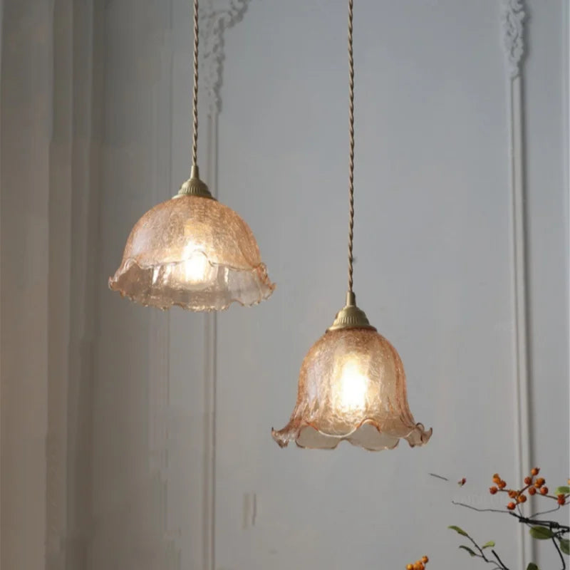 DecorBites™ Amber Glass LED Pendant Lamp Walnut Wood Copper Hanging Light