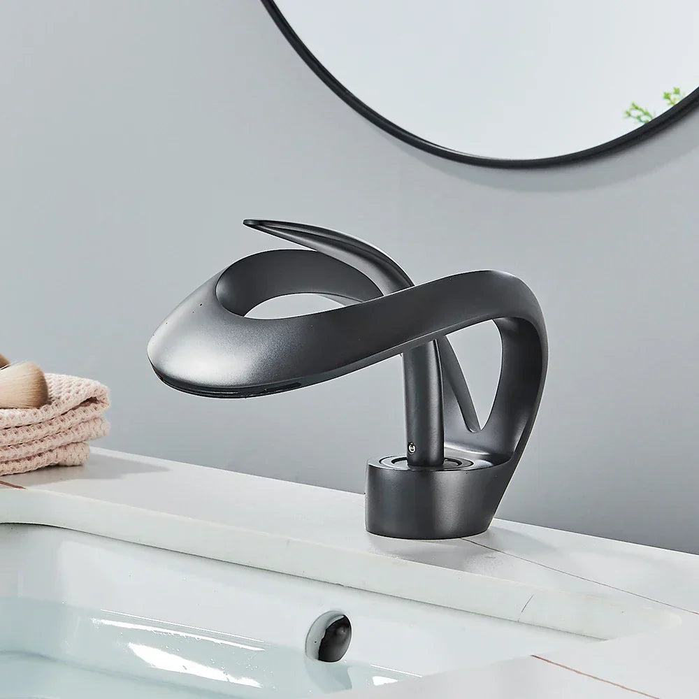 DecorBites™ Black Basin Faucet Grey Waterfall Mixer Tap Hot Cold Modern Brass Deck Mount