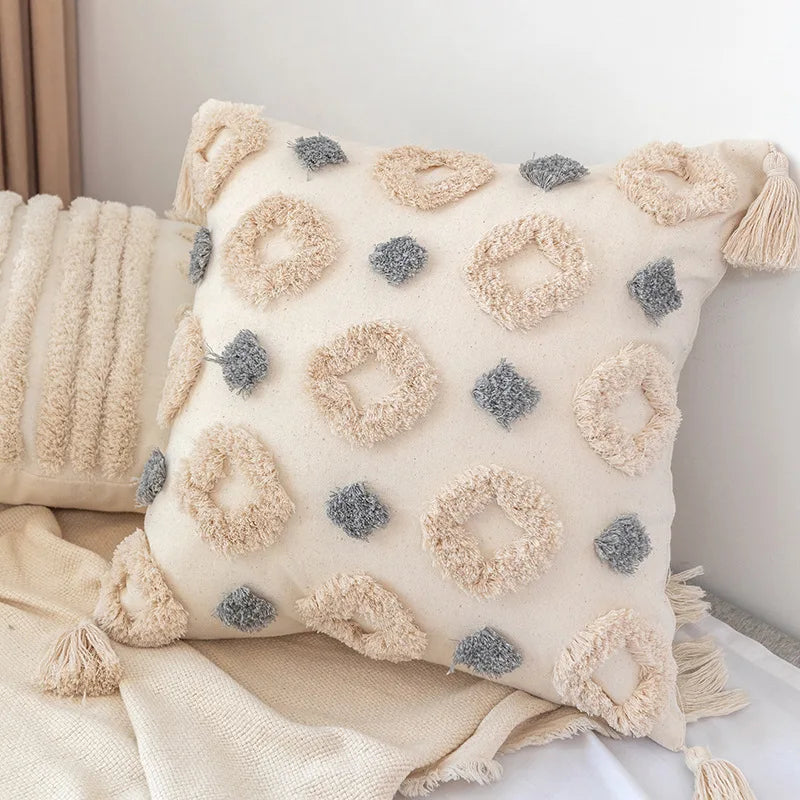 DecorBites™ Boho Square Pillowcase with Embroidery & Tassel Detail for Living Room Sofa