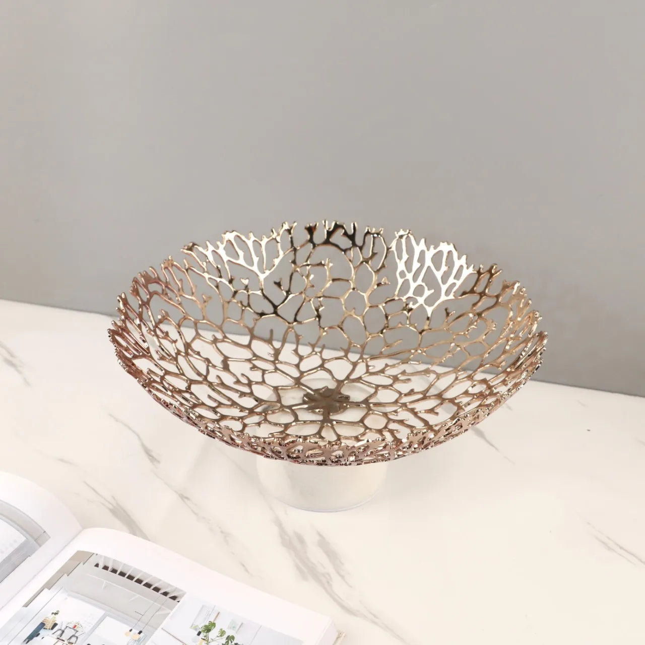 DecorBites™ Coral Disc Pedestal | Metal Tray Marble Base Fruit Plate Gold Compote