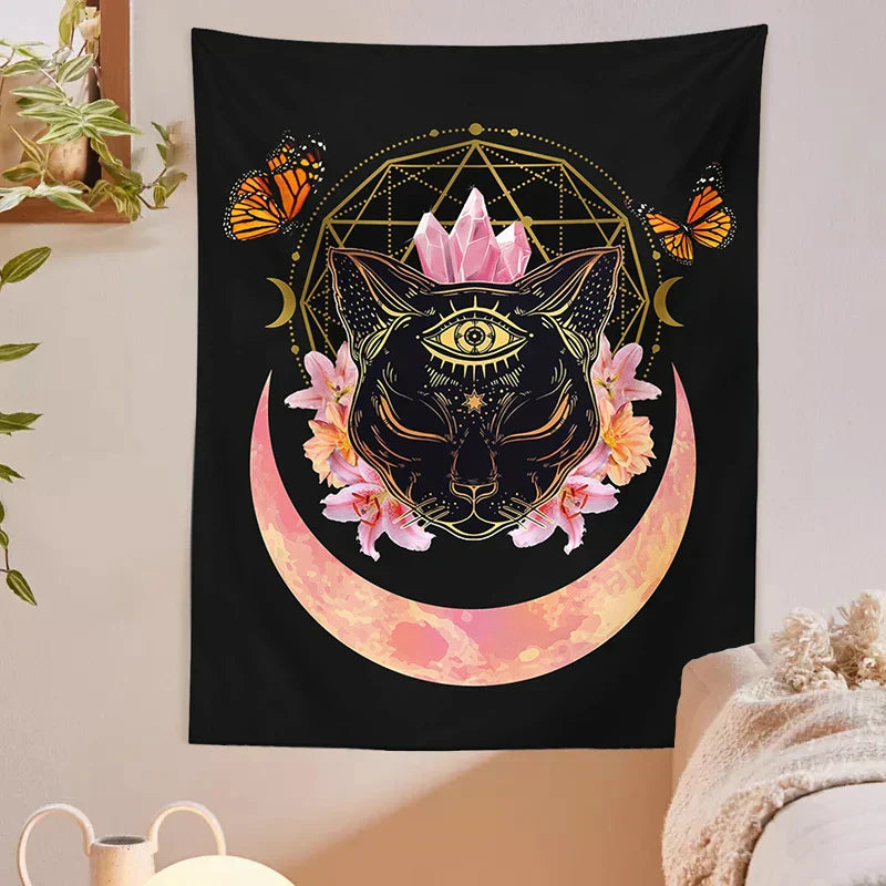 DecorBites™ Cat Witch Moon Star Tapestry Wall Hanging - Trippy Psychedelic Wall Decor