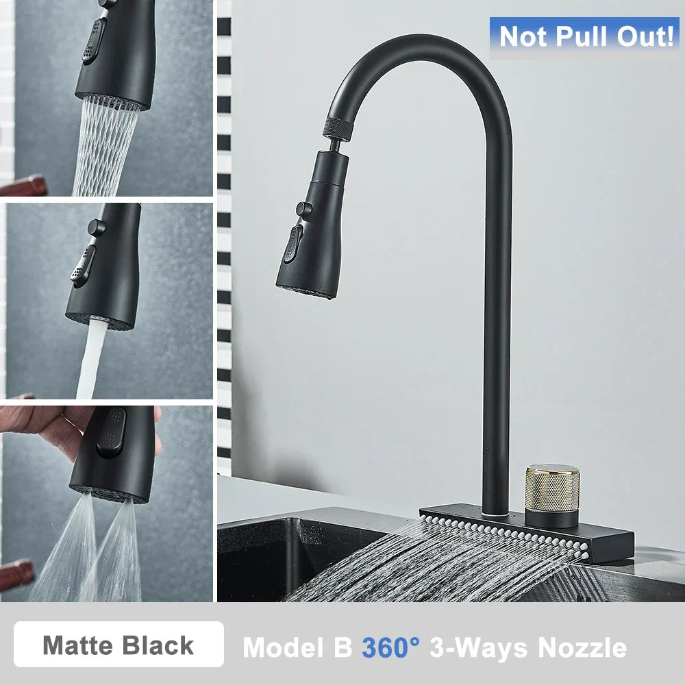 DecorBites™ Black Rainwater Kitchen Faucet Flexible Pull Out 3 Way Nozzle Mixer Tap