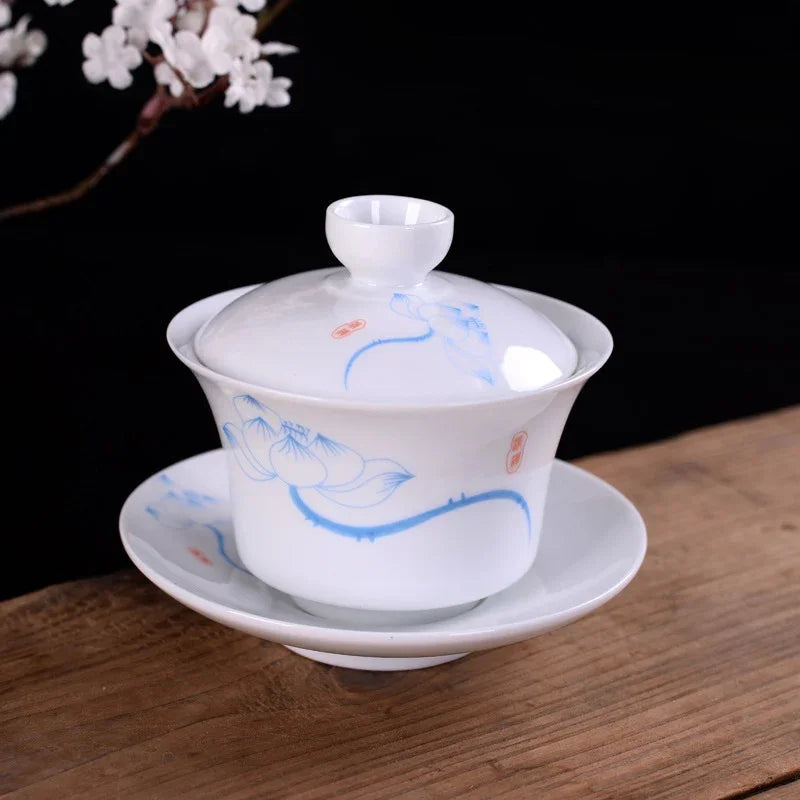 DecorBites™ Blue & White Porcelain Gaiwan Tea Set Puer Tea Cups Soup Bowl with Lid