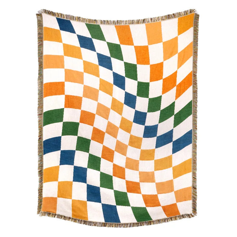 DecorBites™ Beach Blanket Sofa Cover - American Country Plaid Blanket - Cotton Tassel Throw Tapestry