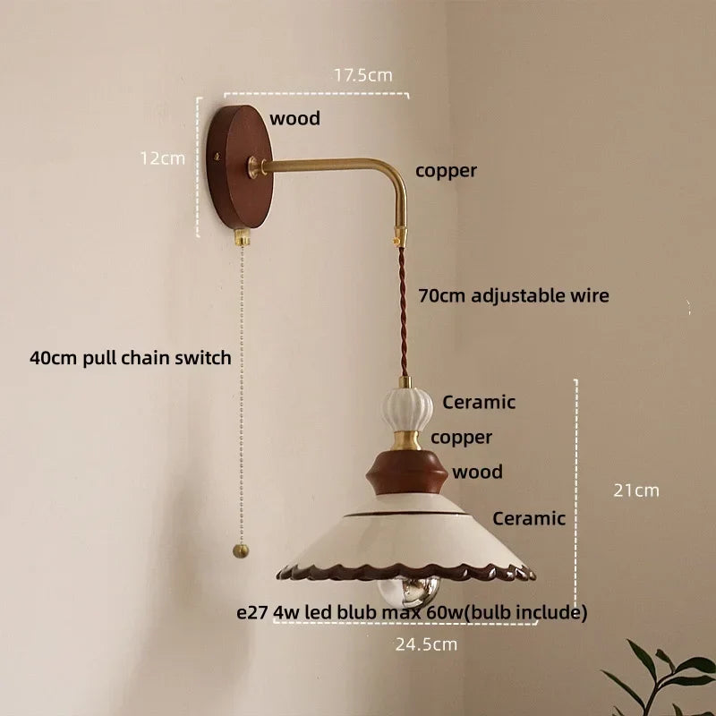 DecorBites™ Ceramic LED Wall Light Copper Pull Chain Wood Base Modern Bedside Lamp