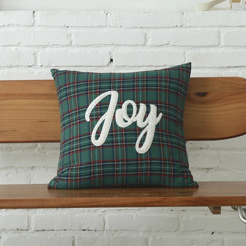 DecorBites™ Christmas Plaid Cotton Canvas Cushion Cover with Snowflake Embroidery