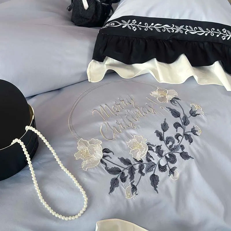 DecorBites™ Flowers Embroidery Ruffles Cotton Bedding Set with Duvet Cover, Sheet, Pillowcases