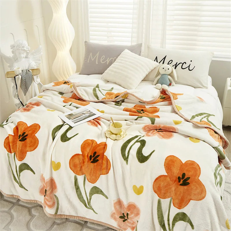 DecorBites™ Cozy Flannel Blanket for All Seasons: Double-Sided Velvet Bed Cover, Single Double