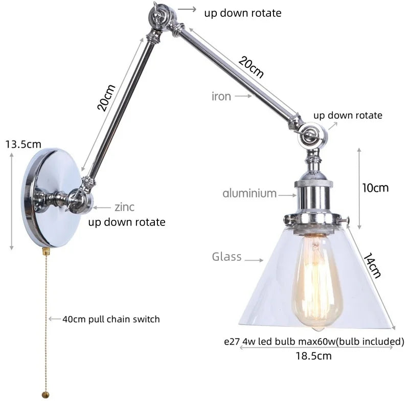 DecorBites™ Chrome Industrial LED Wall Sconce Swing Arm Clear Glass Lamp