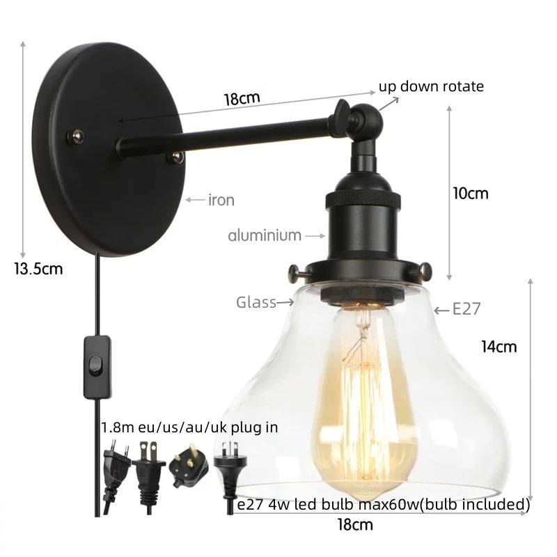 DecorBites™ Black Iron LED Wall Lights Industrial Pull Chain Switch Bedroom Dining Room Loft