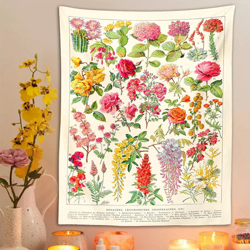 DecorBites™ Botanical Floral Tapestry Wall Hanging Garden Flower Illustration Cactus Boho Hippie Dorm Decor